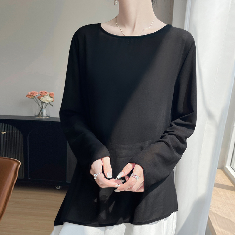 2025 Mesh Round Neck Knitwear Long-Sleeved Women's Pure Color Back Bow Pullover Blouse Sun Protection Shirt Top