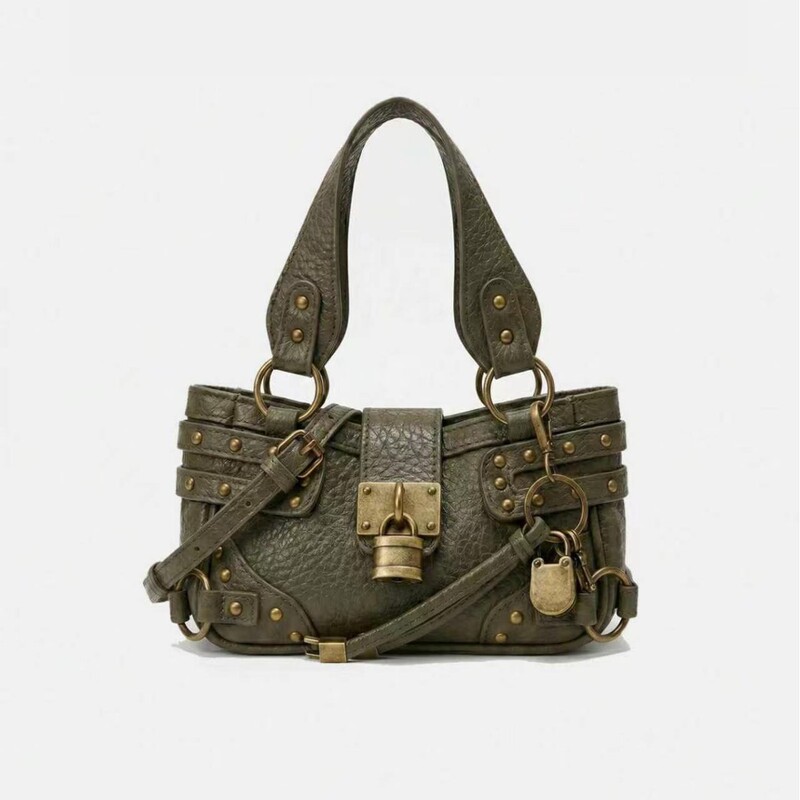 2026 New Model Lock Buckle Studded Biker Bag with Unique Design for Women, Fashionable Versatile Crossbody and Shoulder Bag
