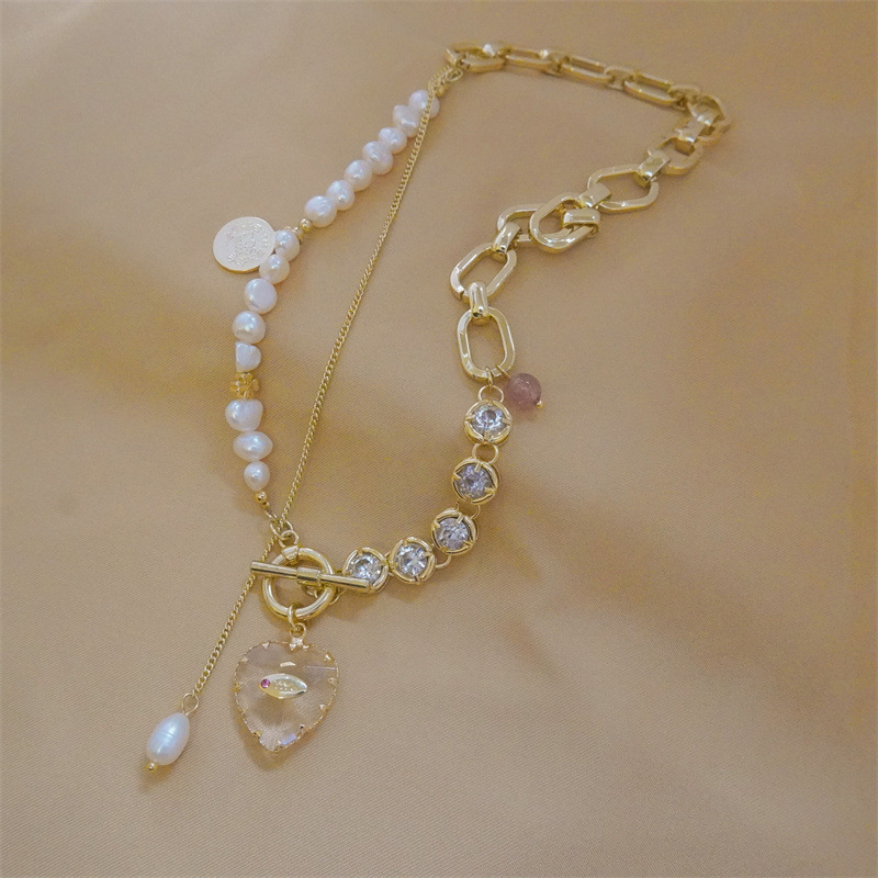 38g Weight 14K Gold Plated Plating Material Glass Pendant Material Necklace Classification Copper Chain Material 1 Piece Quantity Casual Occasion Freshwater Pearl Material Heart Shape Pattern Women's Gender Plating Design Fairy Style Style Fairy Style Heart Shape Freshwater Pearl Plating 14K Gold Plated Women's Necklace 9