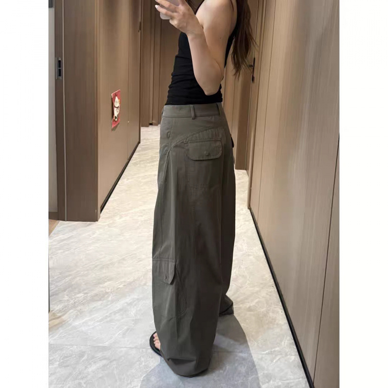 美式复古多口袋工装裤女款夏季高腰宽松阔腿拖地裤直筒微喇牛仔裤|undefined