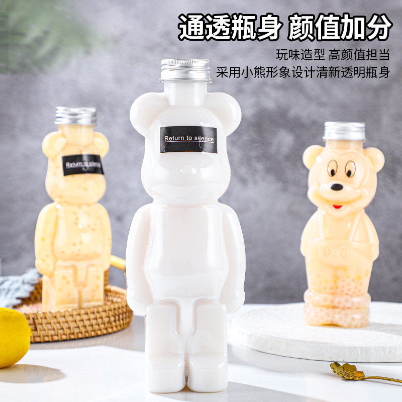 Oso violento botella de plástico transparente de dibujos animados para mascotas jugo de grado alimenticio creativo leche taza de té oso botella de bebida desechable