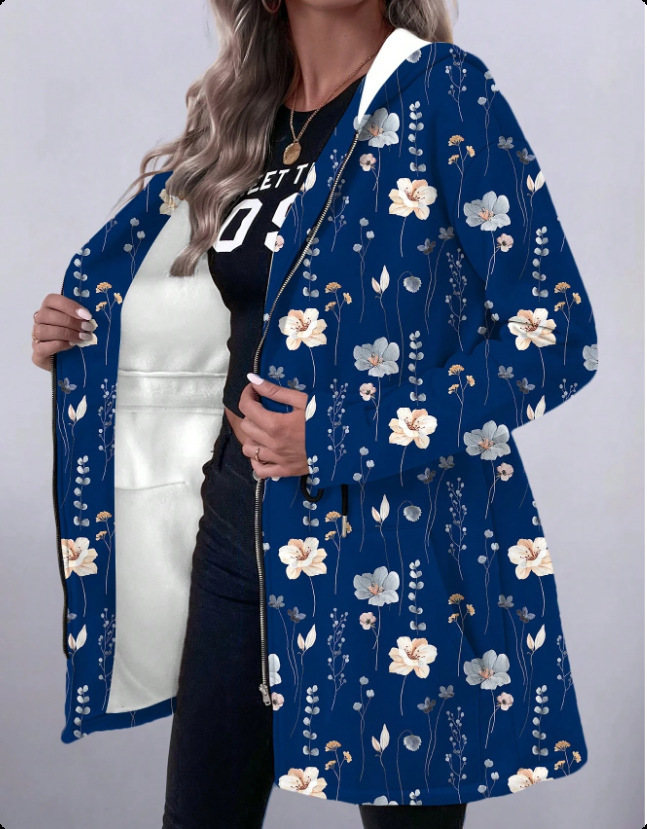 Women's Mid-Length Zippered Hoodie With Printed Long Sleeves And Hood_ecoleips.com
