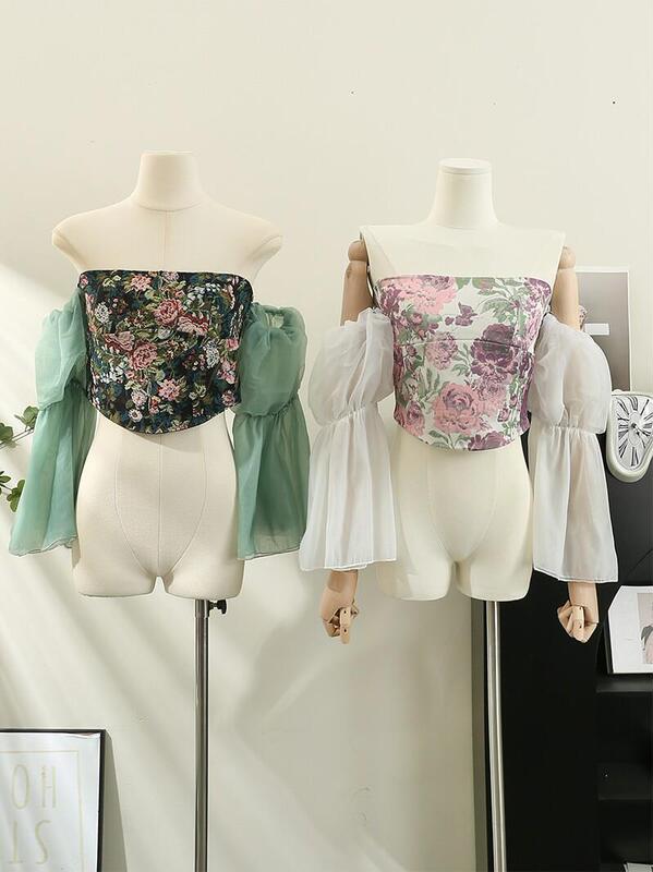 Retro Floral One-Shoulder Tube Top for Women, Summer Design with Unique Sweet and Spicy Puff Sleeves, Off-Shoulder Camisole
