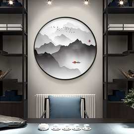 新中式玄关装饰画山水画镶钻圆形书房餐厅挂画茶室背景墙客厅壁画