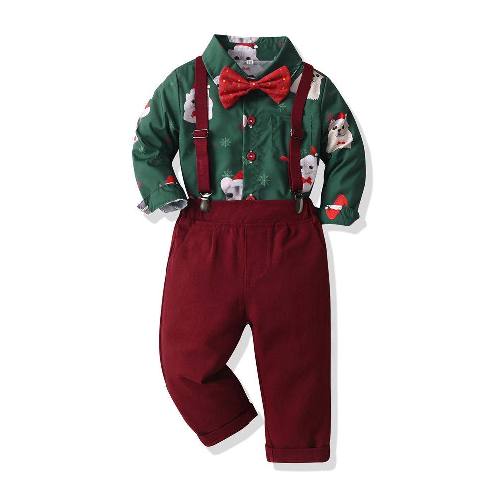 Christmas traje de niño europeo y americano estampado de animales manga larga camisa de Navidad con tirantes traje de dos piezas para niños