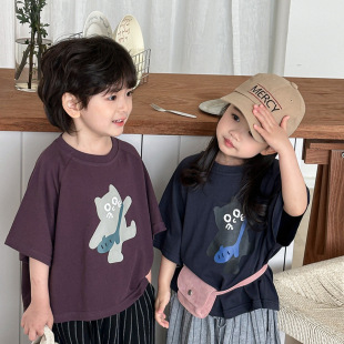 Jiaye Children's 2025 Boys Summer New Cartoon Printed Short-sleeved T-shirt Loose Western Style Half-sleeved T-shirt for Baby Boys and Girls