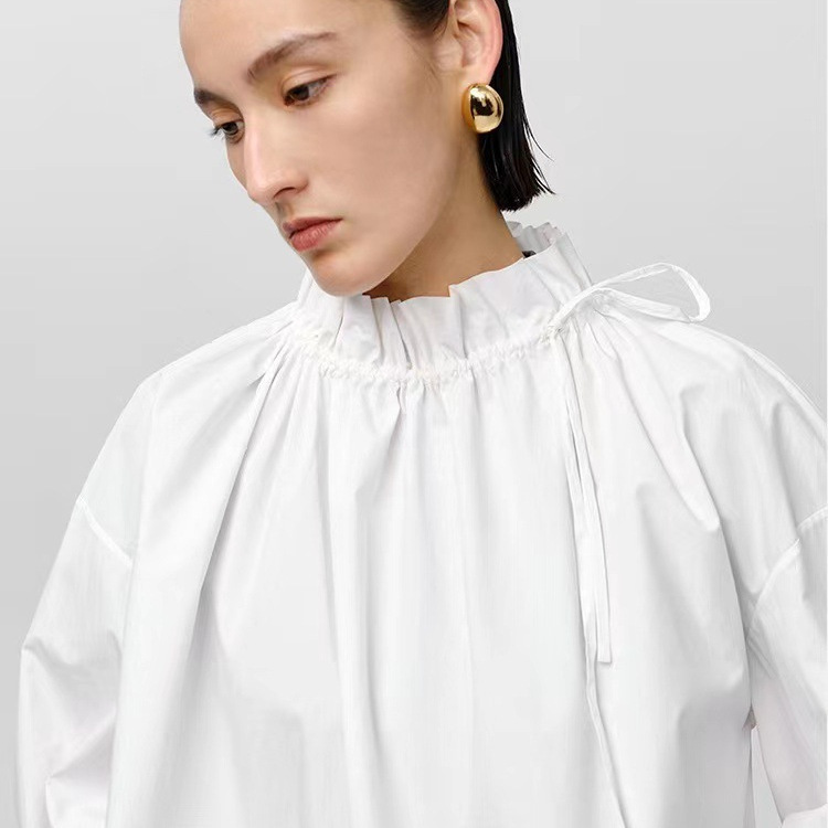Spring and Summer Korean Designer French Japanese Simple Temperament Mori Style Artistic Collar Lace Drawstring Shirt for Women