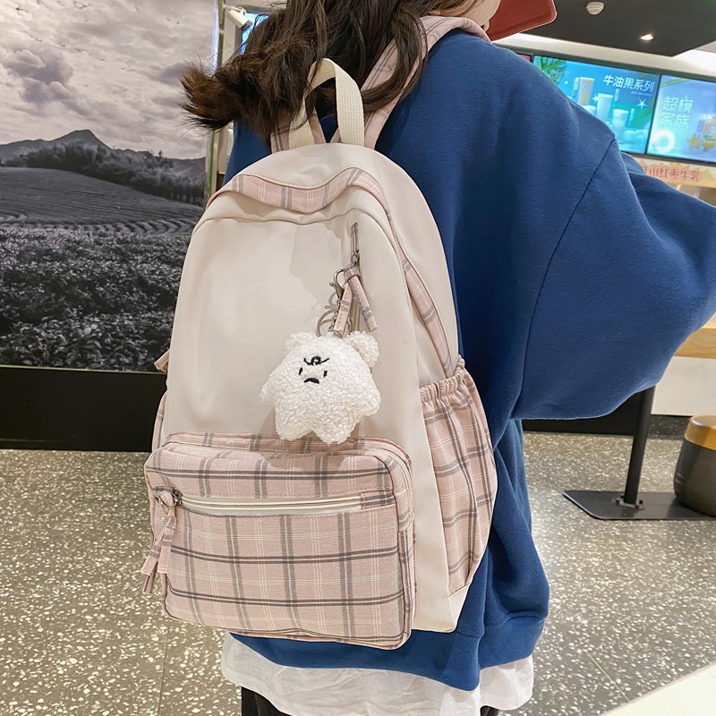 書包女校園小清新可愛軟妹學生包格子雙肩包韓版古着感少女背包