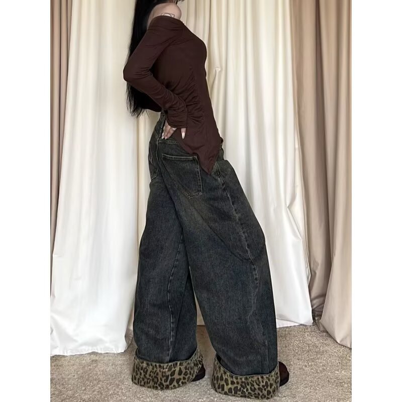 American retro patchwork leopard print rolled-hem jeans for women, new autumn/winter straight-leg, loose-fitting, slimming, and flowing wide-leg pants