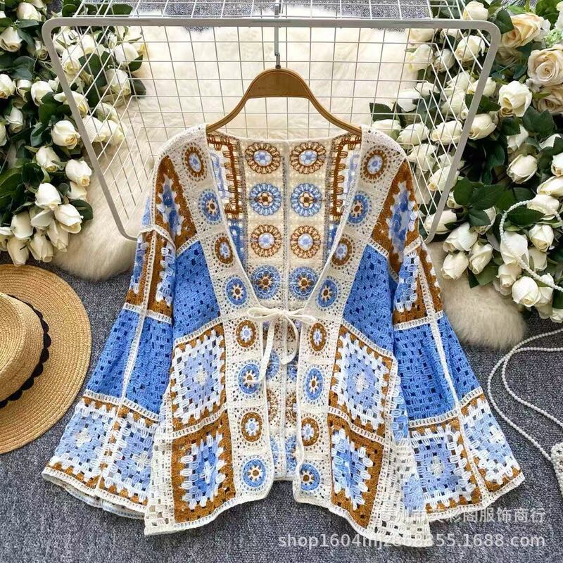 度假风外穿开衫女慵懒风上衣秋季镂空钩花针织百搭披肩洋气罩衫女|undefined