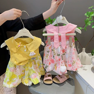 店铺热销款2025年夏季新款女小童可爱娃娃领小兔碎花花苞裤套装