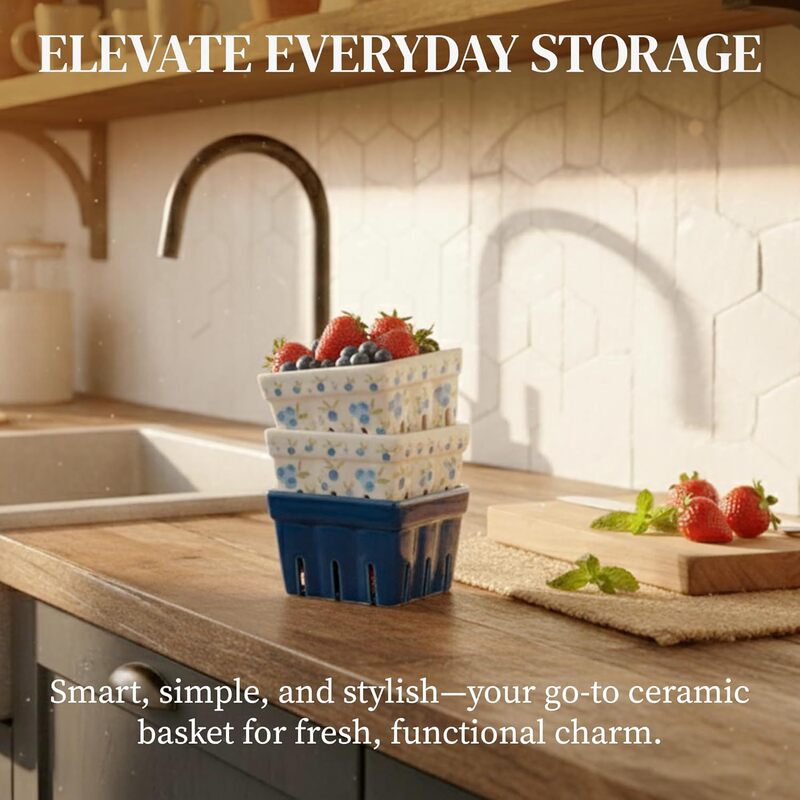 Farmhouse-Style Ceramic Berry Basket, Funnel-Shaped Square Bowl with Holes, Country-Style Kitchen Decorative Fruit Storage Bowl