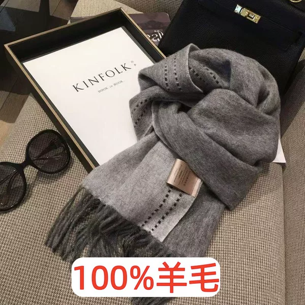 Autumn and Winter Scarf for Women 100% Wool Double-Sided Pure Color Color Matching Tassel Threading Thickeneded Male and Female Couple Student Shawl