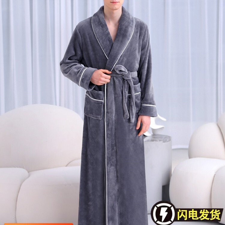 Pajamas Men's Long Nightgown Autumn and Winter Coral Velvet Thickeneded Velvet Flannel Bathrobe Men's Plus Size Bathrobe