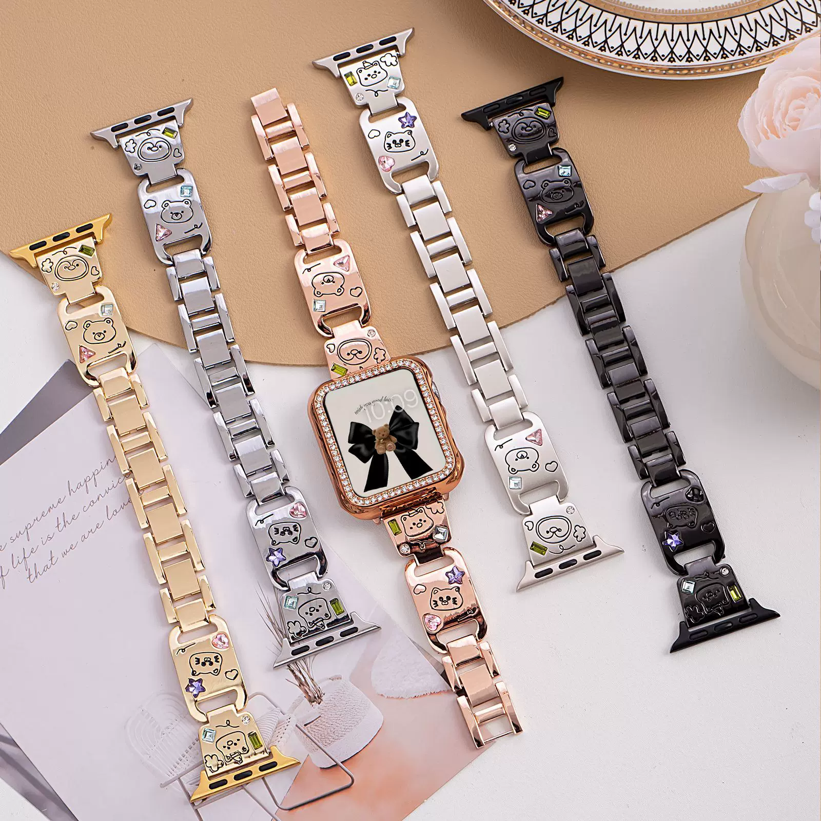 适用苹果手表iwatch10表带快乐小动物镶钻金属applewatch s98表带
