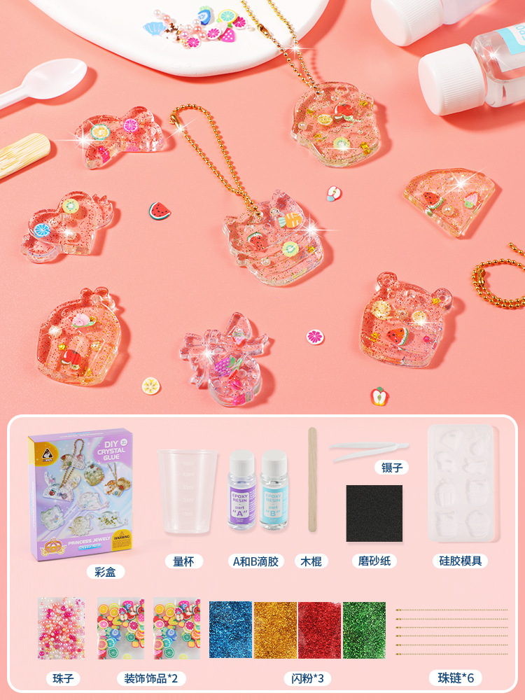 Accesorios de epoxi de cristal de bricolaje hechos a mano para niños, paquete de material, pintura de pegamento sin hornear, mochila, accesorios colgantes, juguetes de juego