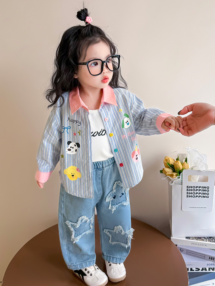 Camisa para niña primavera 2025 nueva camisa de manga larga para bebé de estilo occidental primavera y otoño chaqueta a rayas para niña