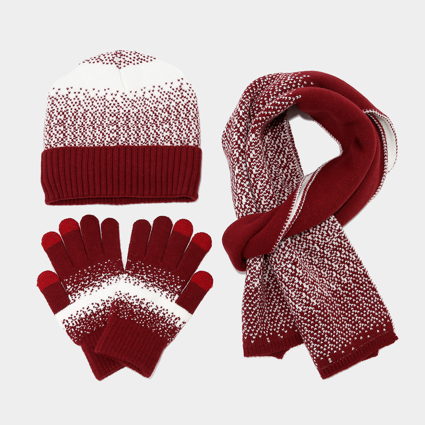 Coreano de color contrastante lana sombrero de punto bufandas guantes de pantalla táctil tres piezas de otoño invierno sombrero de frío para mujeres set de calor