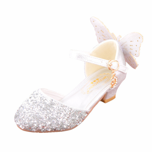 New Children's Princess Shoes Crystal Shoes Student Dance Performance Shoes Silver Girls' Leather Shoes High Heel Children's Shoes