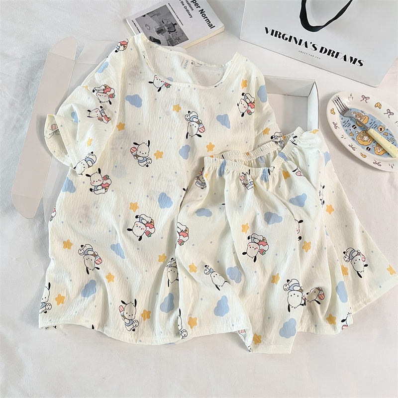 Transfronterizo al por mayor pijamas de algodón nubes de dibujos animados ropa de casa de mujer chaqueta manga corta pantalones cortos set set de cuello redondo set de dos piezas