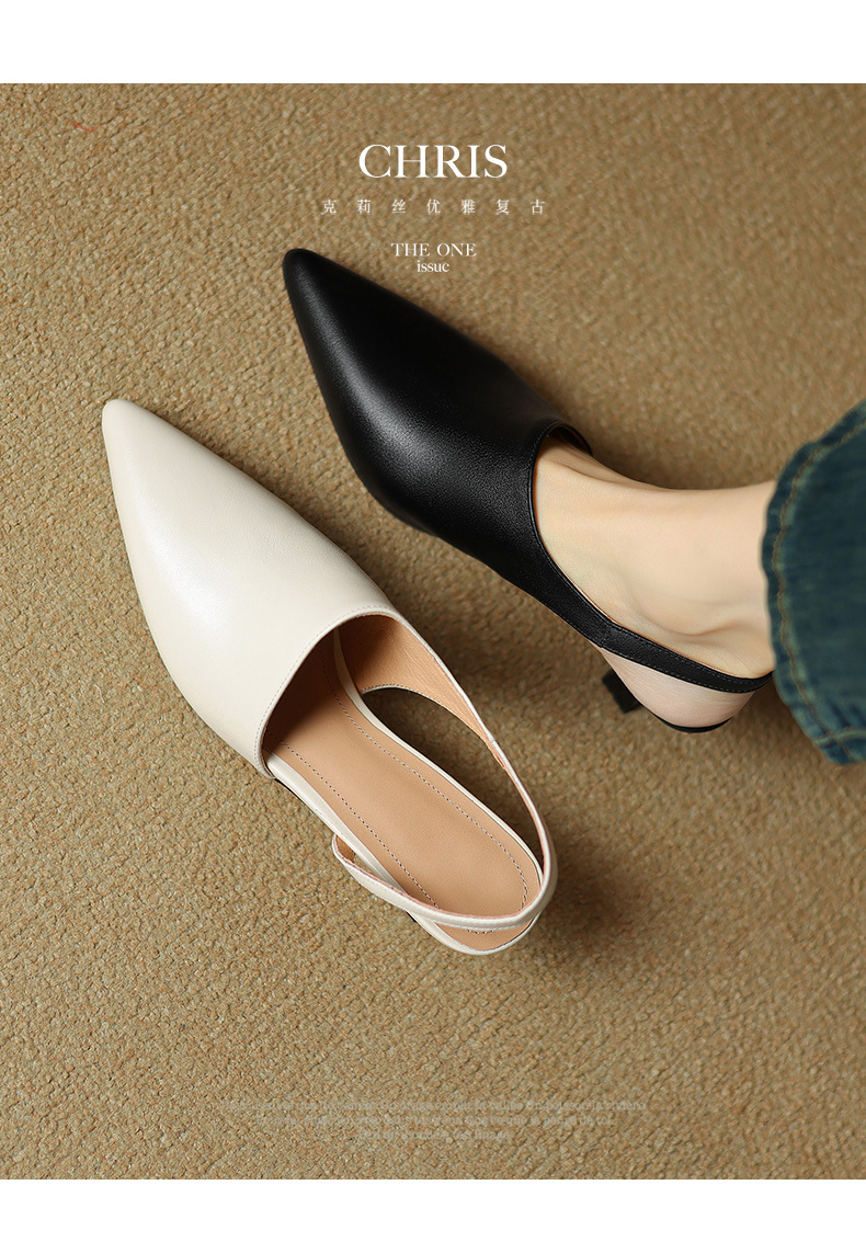 Giày sandal cao gót nữ mũi nhọn kiểu Pháp, da bò thật, gót mèo, hở mũi hở lưng — đen chi tiết 4