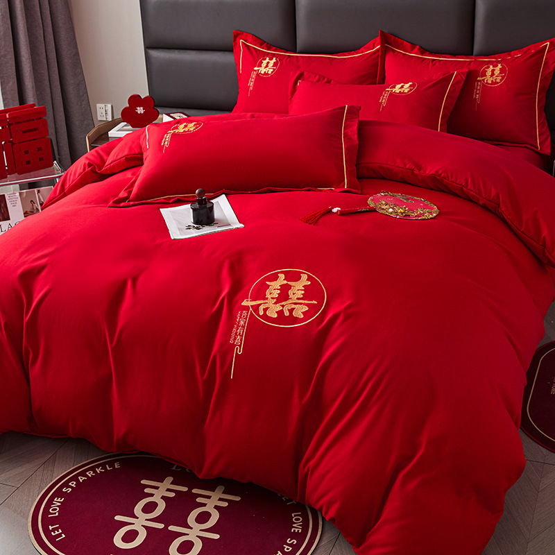 Wedding Four-Piece Set, Accessible Luxury Wedding Bedding, Embroidered Quilt Cover, Red Wedding Room, Wedding Bed, Festive Chinoiserie Wedding Four-Piece Set, Accessible Luxury Wedding Bedding, Embroidered Quilt Cover, Red Wedding Room, Wedding Bed, Festive Chinoiserie
