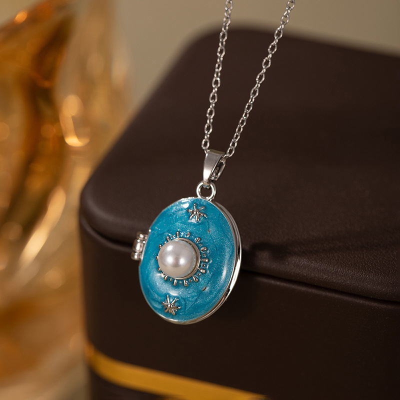 타원형 브랜드 진주 목걸이-블루