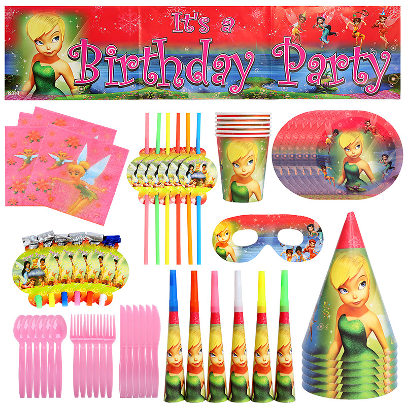Amazon goods in stock Flower Fairy theme birthday party decorate suit Elf paper cup Tray Knife and fork tableware