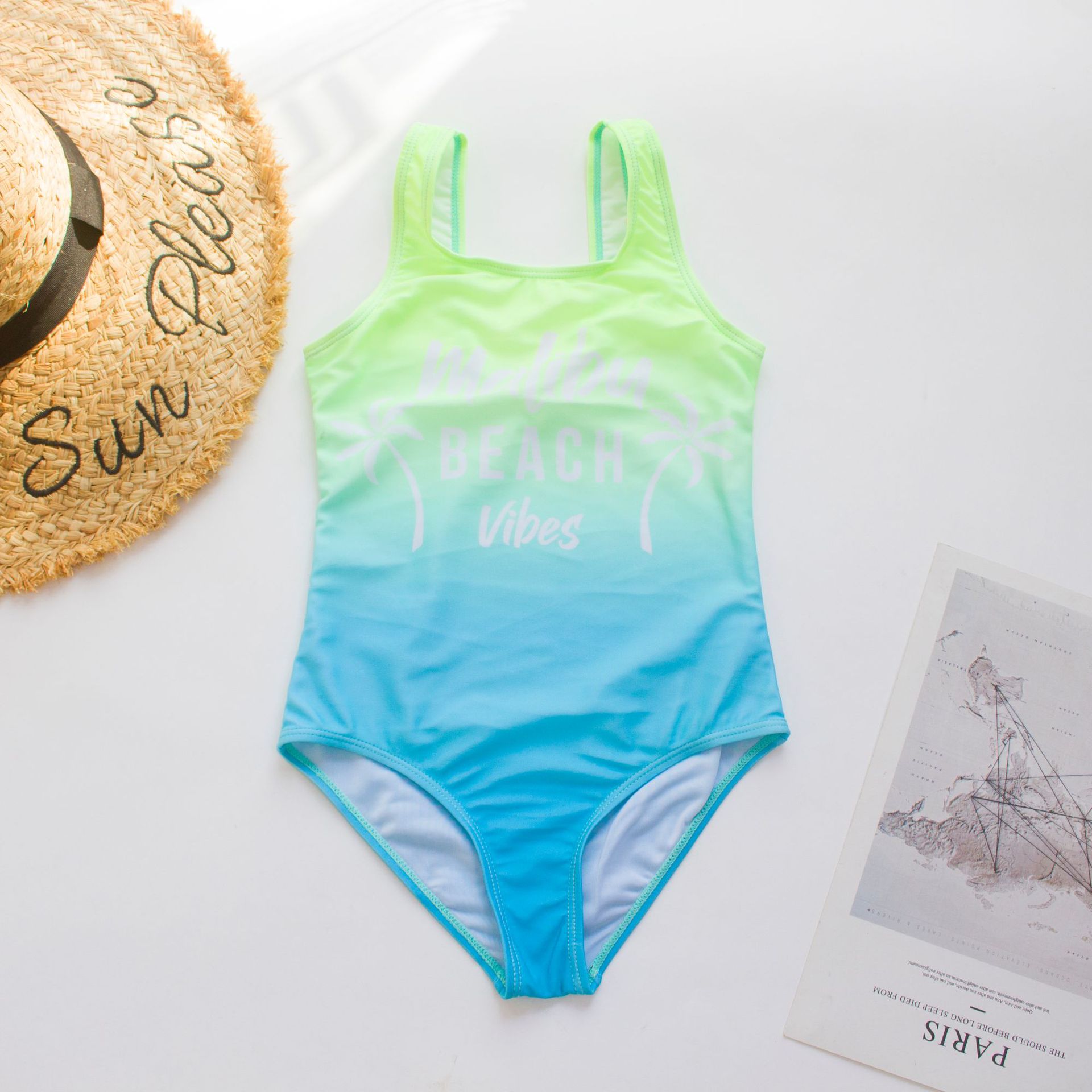 160g Weight Sleeveless Sleeve Length Beach Letter Gradient Color Bodysuit One-pieces Kids Swimwear