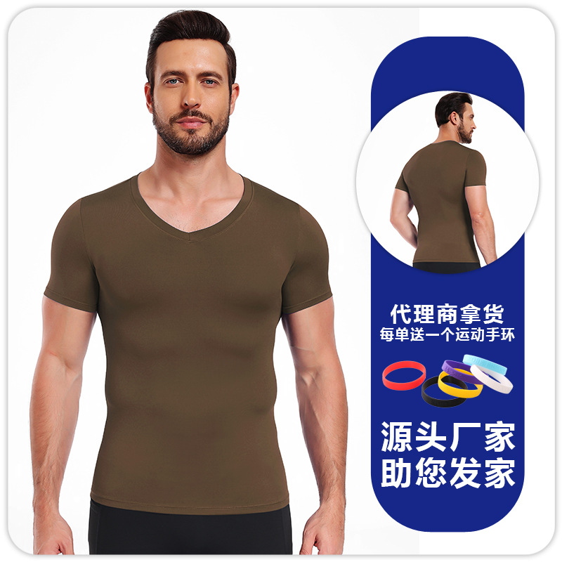 Hombres camiseta de cuello en V ajustado de color sólido de alto elástico camiseta deportiva de base rápida secado transpirable acondicionamiento físico correr baloncesto mangas cortas