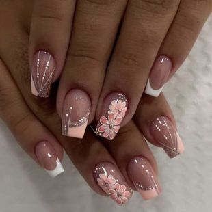 Fashion Chinese White French Pink Orange Color Flower Design Spring Nail Patch Fake Nail Pieces