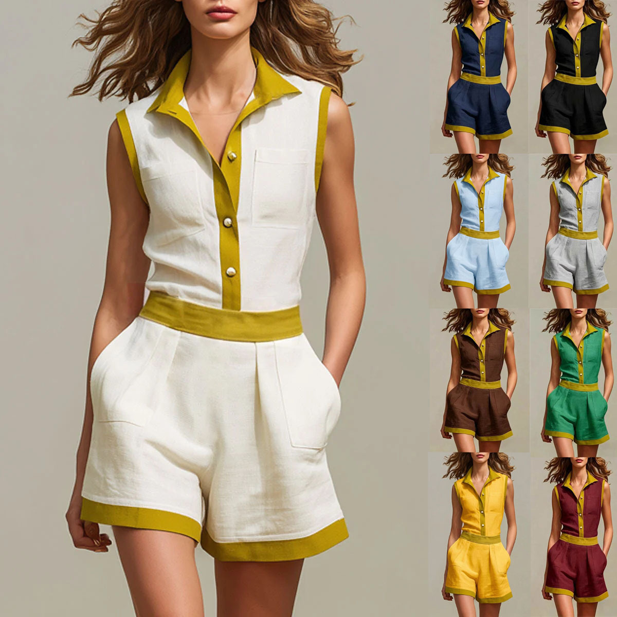 欧美跨境夏季新款亚马逊独立站纯色纽扣开衫条纹棉麻休闲两件套