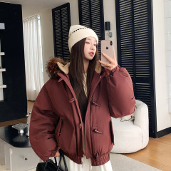 毛领羽绒棉服女2025冬季新款宽松显瘦棉衣加厚保暖牛角扣连帽外套