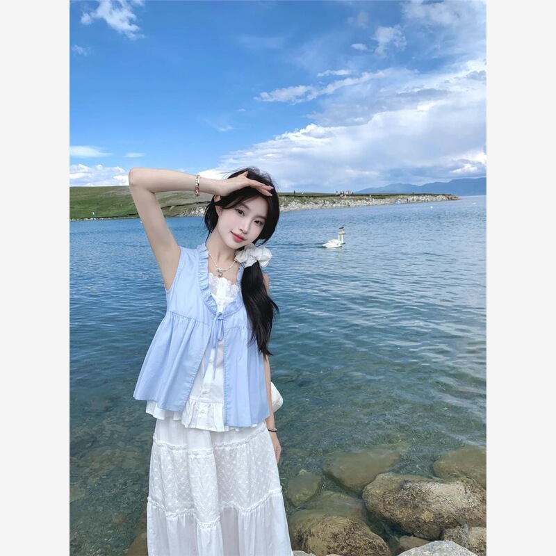 Summer Light Milk Blue Babydoll Top Women's Design Fake Two-Piece Sleeveless Sweet Style Shirt