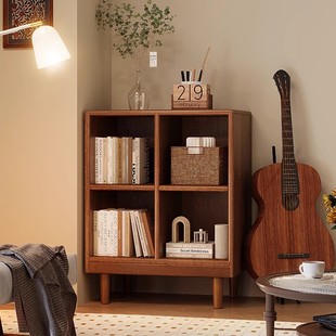 Solid Wood Low Bookcase Walnut Color Storage Cabinet American Small Cabinet Living Room Storage Rack Record Storage Cabinet Storage Cabinet