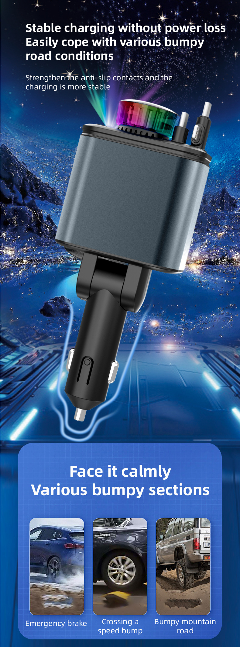 Car fast charger with starry sky light, ambient light, aromatherapy diffuser, Bluetooth MP3 player, retractable data cable