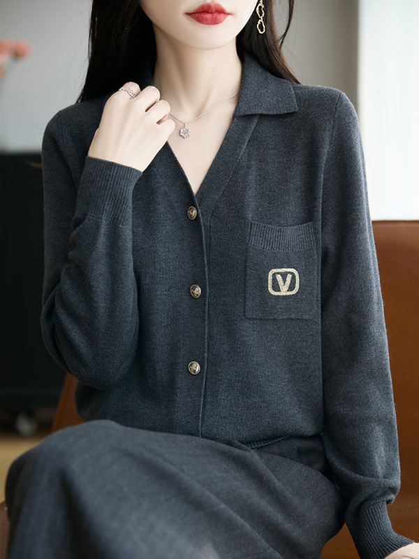 2025新款V领羊毛针织开衫女气质通勤外套上衣|undefined