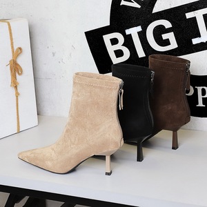 1895-1 Retro Suede Pointed Skinny Boots Thin Single Heel Middle Heel Versatile Fashion Rear Zipper Short Boots for Women
