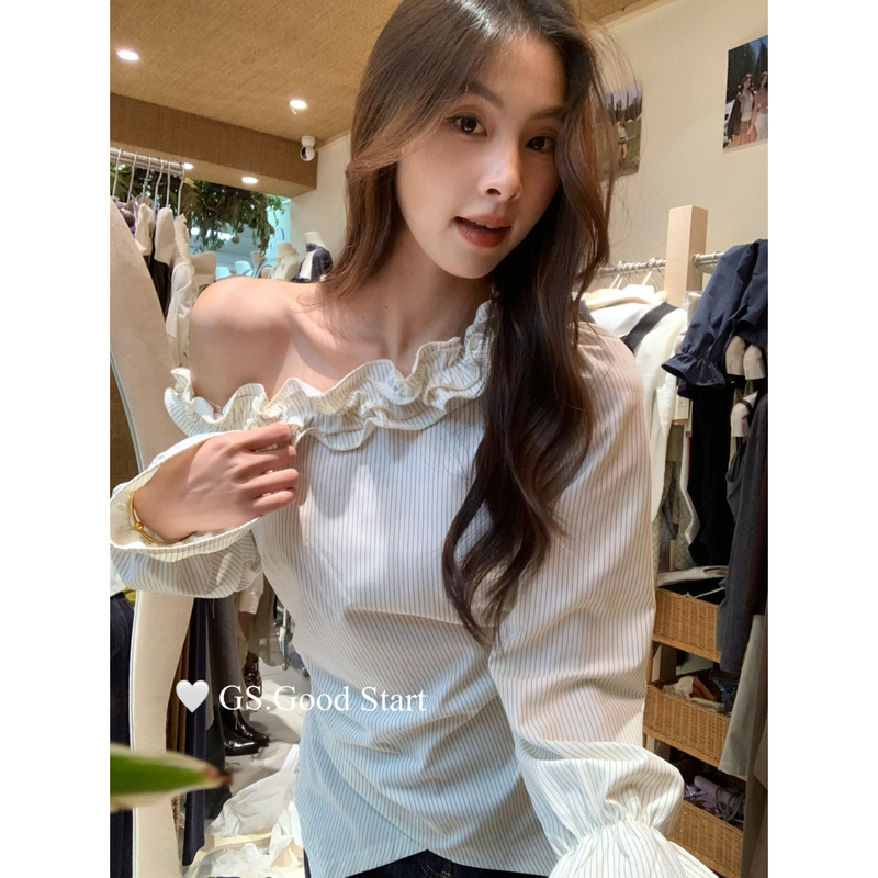 GS.GOOD START-秋季女韩系复古条纹气质木耳边露肩修身小衫G6358V|undefined