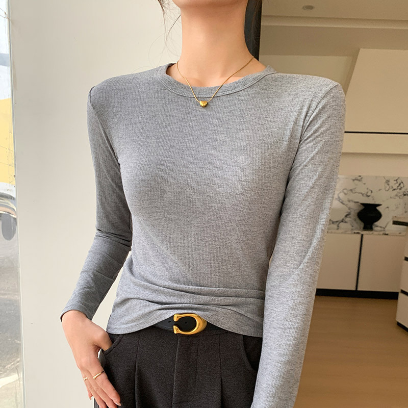 K1208螺纹正肩圆领打底衫女秋冬长袖内搭T恤修身显瘦百搭针织上衣|undefined