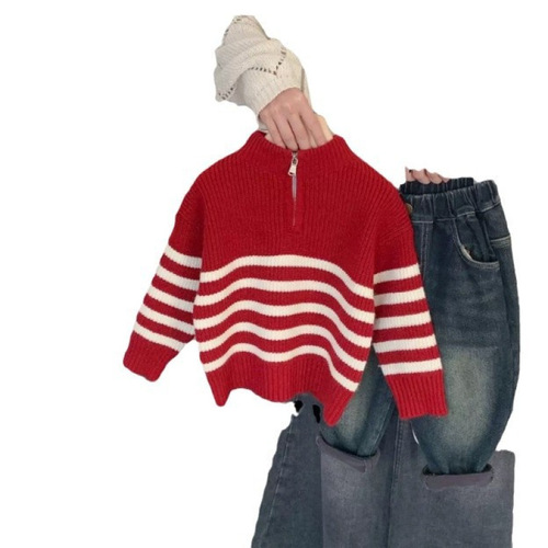 Red Knit Sweater for Boys - Autumn/Winter 2025, Snake Year - Stylish Children's Striped Line Sweatshirt, Baby Festive New Year Top, Trendy