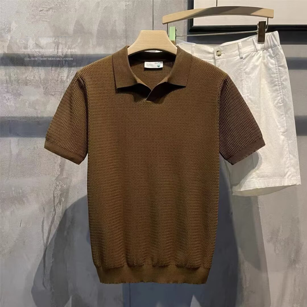 Verano nuevo suéter de punto de seda de hielo de manga corta camisa POLO para hombre con cuello en V camiseta de textura de negocios delgada comercio exterior al por mayor transfronterizo