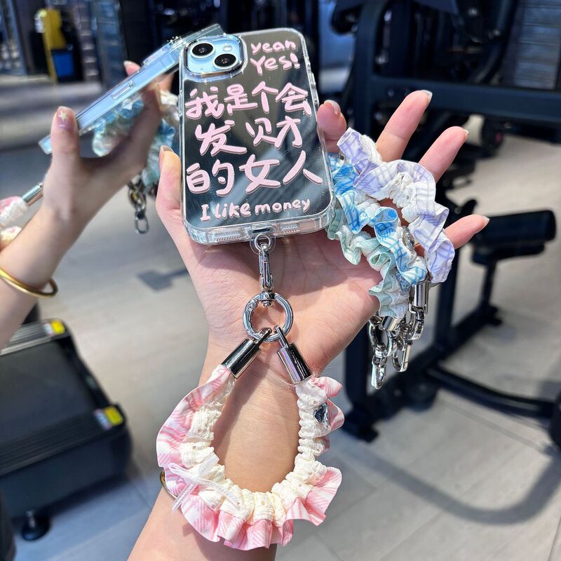 Lace pleated plaid fabric phone wrist strap with bow and heart decoration, anti-lost phone and key pendant Lace pleated plaid fabric phone wrist strap with bow and heart decoration, anti-lost phone and key pendant
