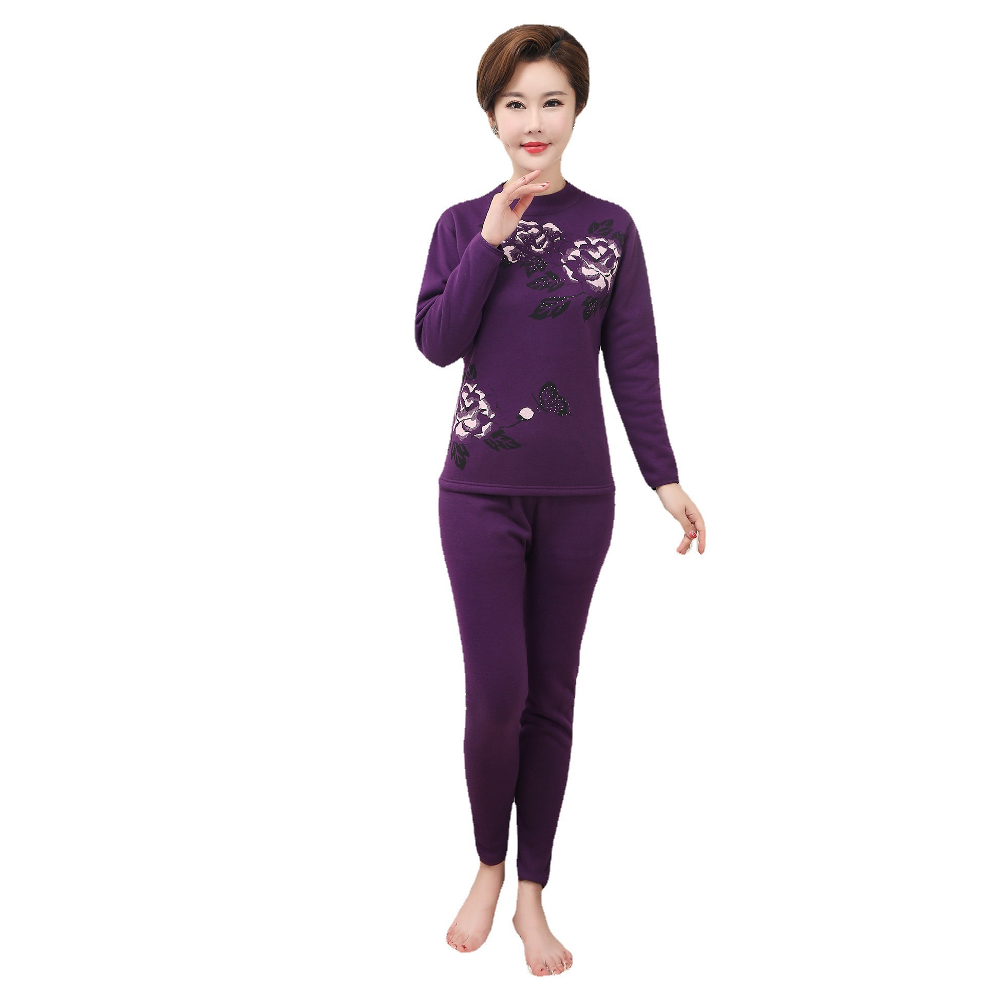 (2개) 중년 및 노인 열 속옷 여성의 기모 두꺼운 패치 세트 열 저장 고 칼라 가을 옷과 바지 할머니 겨울