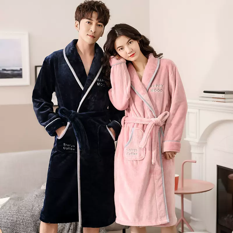 珊瑚绒情侣睡袍秋冬季加厚保暖女士长袍冬天法兰绒男士中长款晨袍