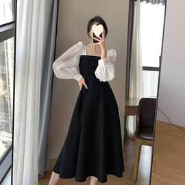 长袖黑色欧根纱炸街连衣裙女新款春秋拼接方领法式裙子复古网纱裙