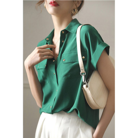 2023 New Summer Lapel Elegant Design Hong Kong Style Retro Top Design Women's Short Sleeve Curl Shirt