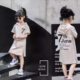 女童连衣裙2024夏新款短袖中长款韩版连帽T恤洋气中大童百搭t恤裙