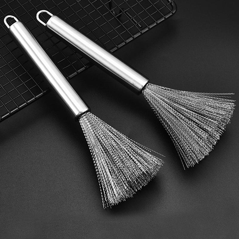 Stainless Steel Pot Brush Household Long-Handled Pot Washing Brush Canteen Kitchen Steel Wire Cleaning Brush Decontamination Non-Stick Oil Dishwashing Brush