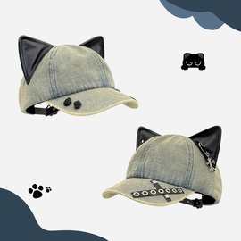 甜酷猫耳朵复古牛仔棒球帽子女y2k亚文化暗黑辣妹显脸小鸭舌帽潮